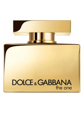 Gold Dolce&Gabbana The One perfume for women - Elegant fragrance bottle on white background