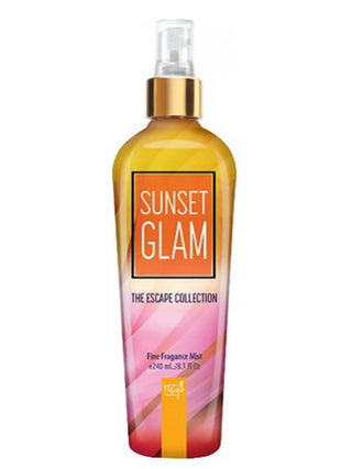 Sunset Glam Maja España womens perfume - Elegant fragrance bottle in golden hues on white background