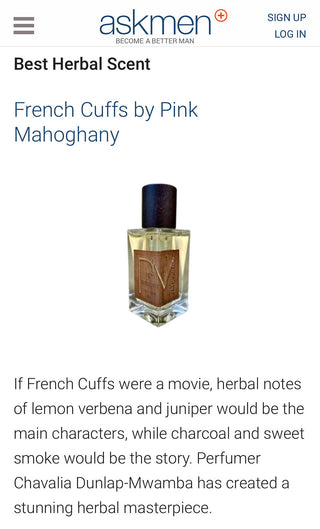 French Cuffs Pink Mahogany Fragrance for Men - Elegant mens perfume bottle on a white background