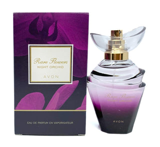 Rare Flowers Night Orchid Avon Perfume for Women - Exquisite fragrance bottle with floral design on dark background