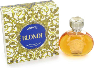 Blonde Versace Womens Perfume - Elegant fragrance bottle with golden accents on white background