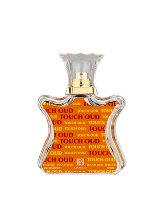 Touch Oud Ahmed Al Maghribi Womens Perfume - Exquisite fragrance bottle with golden accents on white background